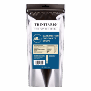 A silver, resealable pouch labelled "Dark Chocolate Melting Drops - 1kg" contains 1kg of 40mm dark chocolate drops made from sustainably sourced Caribbean cocoa, with detailed product info on the label. | Trinitario