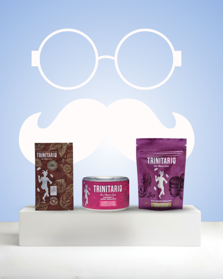 Trinitario chocolate products on display with graphic backdrop