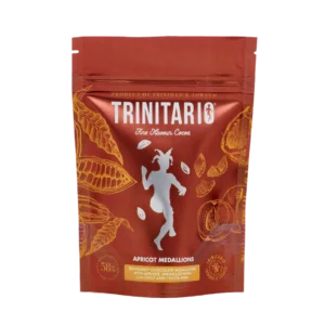 Front view of a Trinitario Apricot Medallions pack featuring cocoa pod illustrations and a central silhouette of a dancing figure, highlighting its single-origin chocolate crafted from sustainably grown cacao. | Trinitario