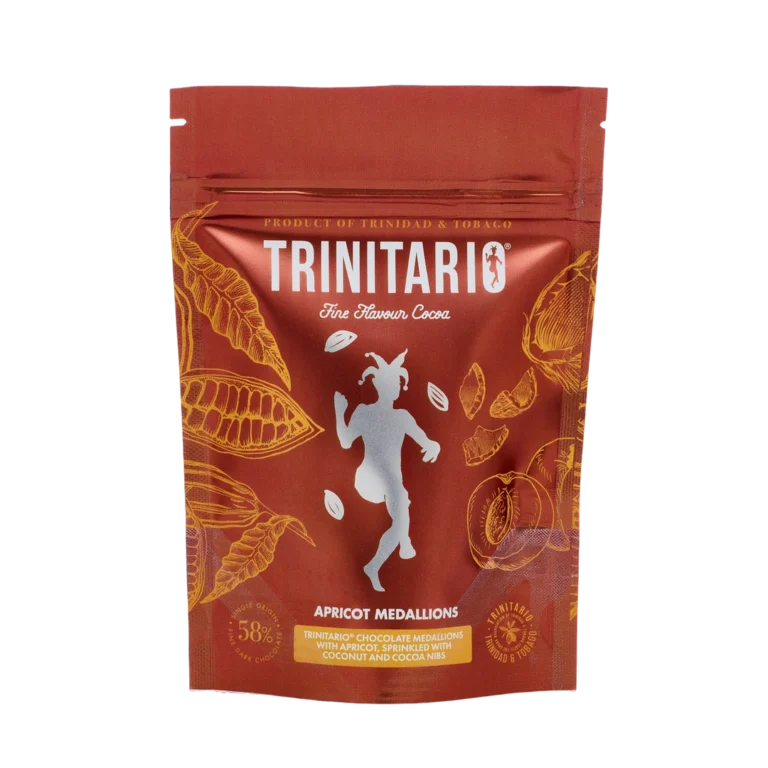 Front view of a Trinitario Apricot Medallions pack featuring cocoa pod illustrations and a central silhouette of a dancing figure, highlighting its single-origin chocolate crafted from sustainably grown cacao. | Trinitario