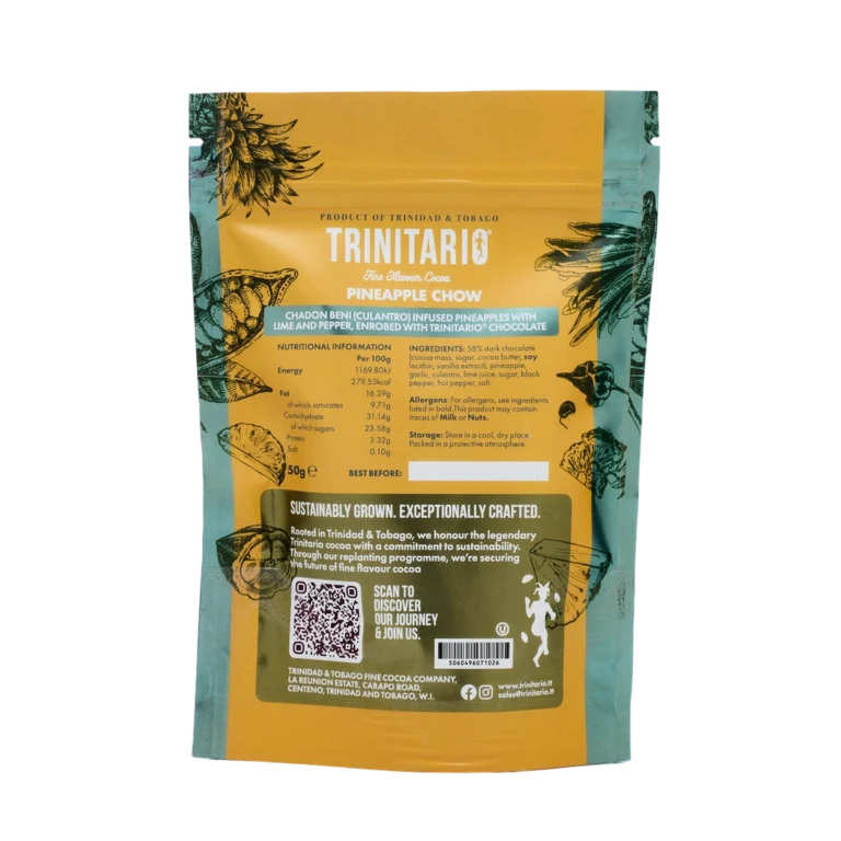 Trinitario Pineapple Chow pack, 50g, features dried pineapple with lime, spices, and fine flavour cocoa chocolate. Front label displays ingredients, nutrition information, and a QR code for more information. | Trinitario