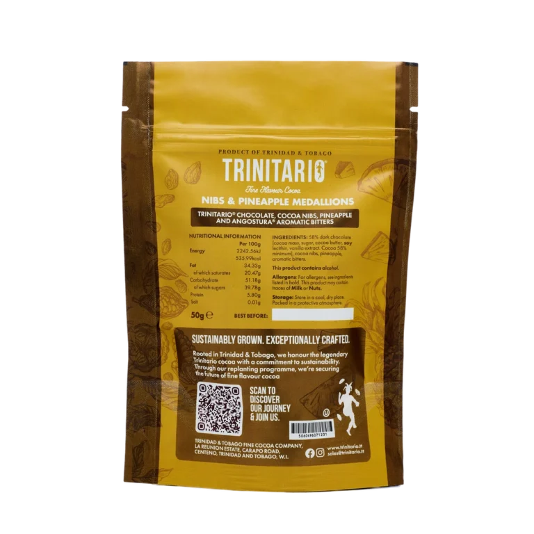 Back of a Trinitario single-origin chocolate bag showing nutritional information, ingredients, sustainability details, and a QR code on a brown and yellow background, highlighting the use of fine flavour cacao. | Trinitario