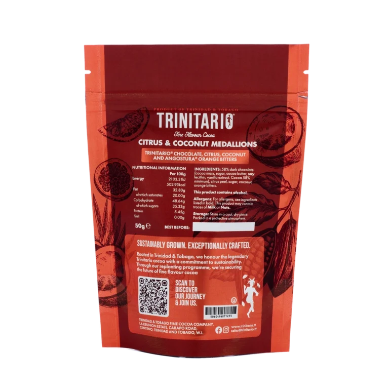 Back of a red Trinitario chocolate Citrus & Coconut Medallions package, showing ingredients, nutrition information, and illustrations of cocoa pods and citrus fruit. Discover the rich flavours of handcrafted chocolate in every bite. | Trinitario