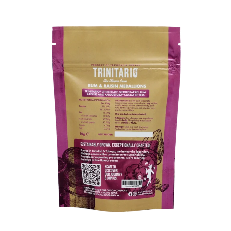 A brown and pink resealable packet labelled "Trinitario Rum & Raisin Medallions" highlights fine flavour cocoa and displays nutritional information, ingredients, and a QR code on the back. | Trinitario