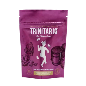 A purple pouch labelled "TRINITARIO Fine Flavour Cocoa," featuring cocoa pods, barrels, and a dancing figure. These Rum & Raisin Medallions are crafted with Caribbean cocoa for a truly fine flavour experience. | Trinitario