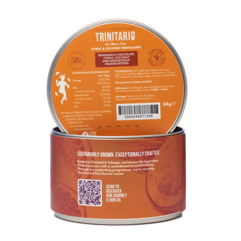 Round tin of single-origin Trinitario chocolate citrus and coconut medallions with nutritional information and a QR code displayed on the vibrant orange packaging. | Trinitario