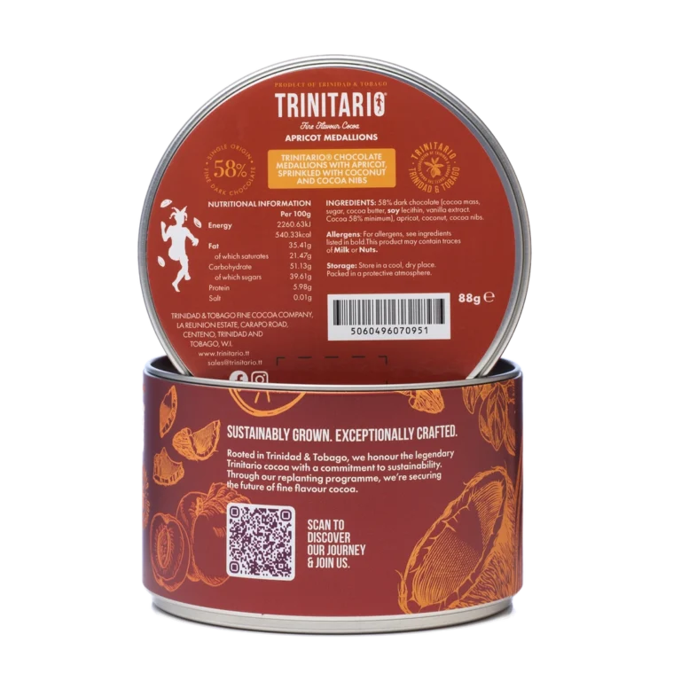 Round tin of handcrafted Trinitario Apricot Medallions chocolate, featuring sustainably grown chocolate, nutritional information, ingredients list, a sustainability statement, and a QR code on the packaging. | Trinitario