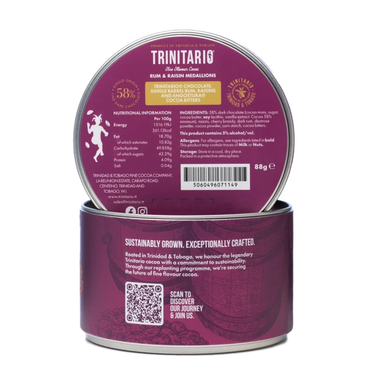 A round tin labelled "Trinitario Rum & Raisin Medallions" sits on a purple background, showcasing nutritional info, ingredients, a QR code, and sustainability details—all highlighting its handcrafted chocolate made from fine flavour cocoa. | Trinitario