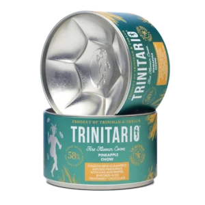 A tin of Trinitario Fine Flavour Cocoa Pineapple Chow with the lid partially open, showcasing its branding and label details. Made with sustainably grown chocolate for a rich and flavourful experience. | Trinitario
