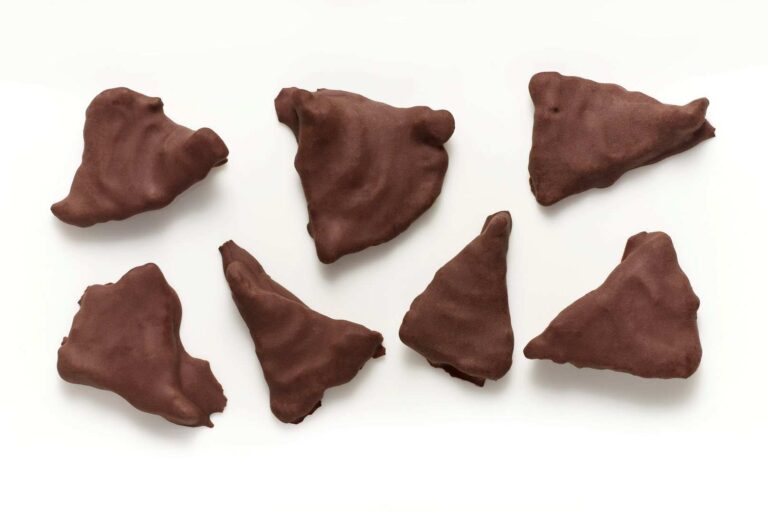 Seven irregular, triangular pieces covered in single-origin chocolate are arranged on a white background. | Trinitario