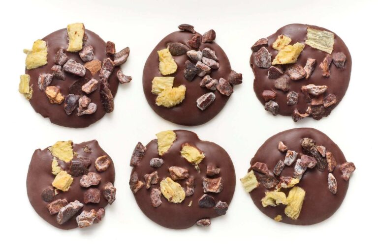 Six round hand-crafted chocolate discs topped with small pieces of dried fruit and cocoa nibs are arranged in two rows on a white background. | Trinitario