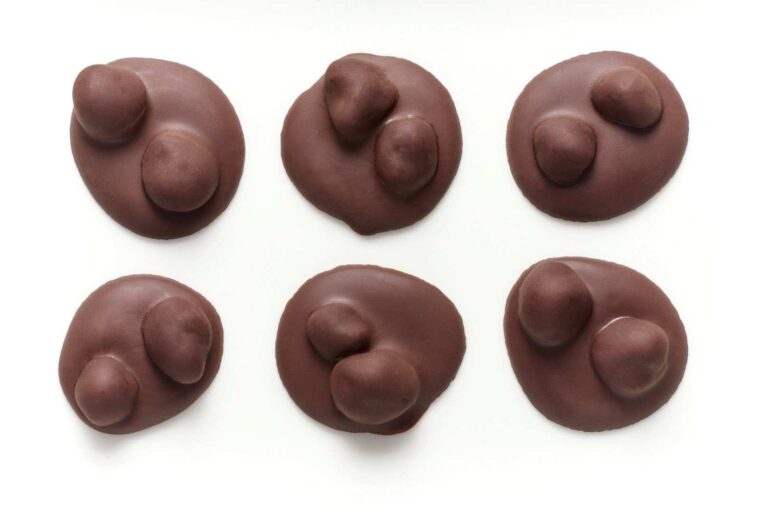 Six pieces of hand-crafted chocolate sweets, each with two or three rounded mounds, are arranged in two rows on a white background. | Trinitario