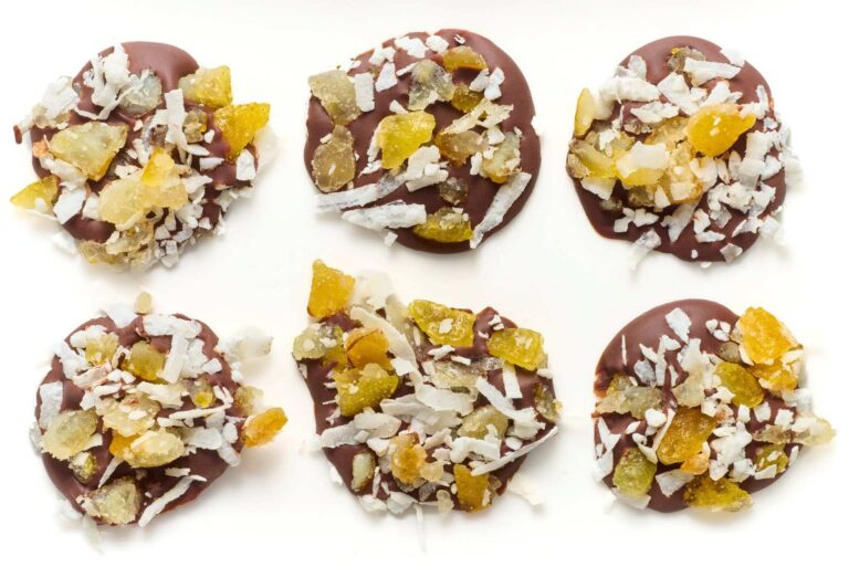 Six pieces of hand-crafted chocolate bark topped with shredded coconut and chopped dried fruit on a white background. | Trinitario