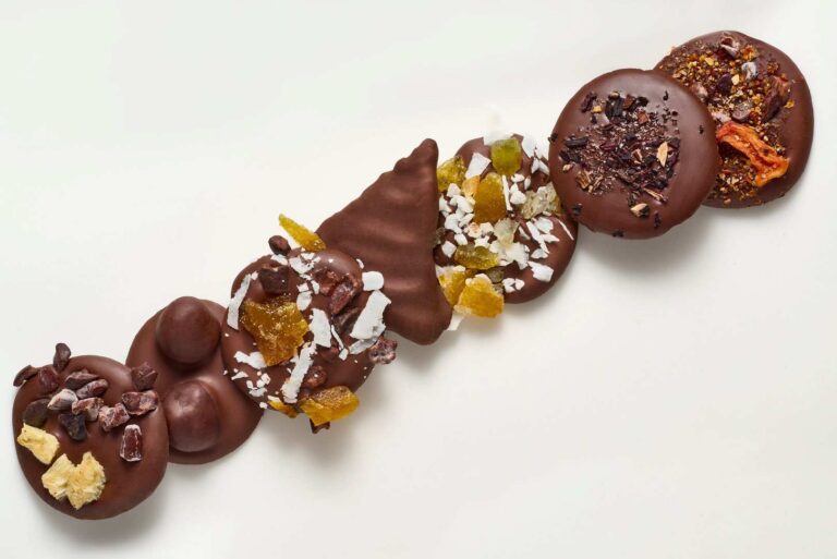 Assorted single-origin chocolate discs and pieces topped with dried fruit, coconut flakes, and cacao nibs arranged in a diagonal line on a white background. | Trinitario