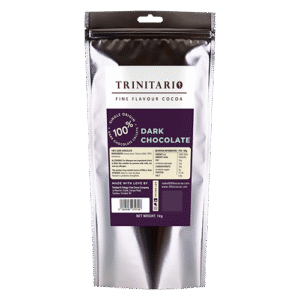 A silver, resealable pouch labelled "100% Dark Chocolate Callets, 1kg," made from fine flavour cocoa, featuring nutritional info and branding on the front. | Trinitario