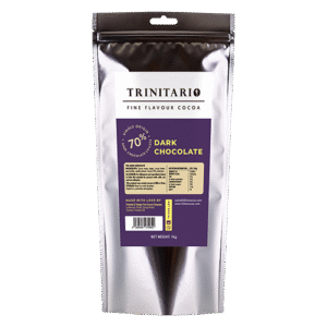 A silver resealable bag labelled "70% Dark Chocolate Callets, 1kg" with product details on a purple label; handcrafted from fine flavour cocoa. Net weight: 1kg. | Trinitario