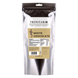 A silver, resealable pouch labelled "36.5% White Chocolate Callets, 1kg," made from sustainably sourced chocolate, displays product details and ingredients on the front. Net weight: 1 kg. | Trinitario