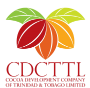 Logo of the Cocoa Development Company of Trinidad & Tobago Limited featuring stylised cocoa pods in red, orange, and green above the company acronym and full name in red text, representing premium Caribbean cocoa and sustainably grown chocolate. | Trinitario