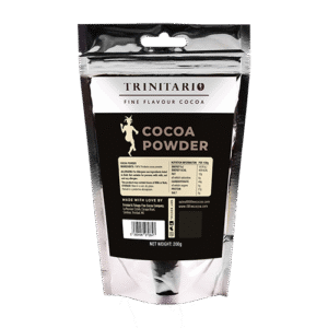 A silver and black resealable pouch labelled "Cocoa Powder, 200g" features branding, nutritional info, and emphasises its single-origin roots from sustainably grown Trinitario cocoa. | Trinitario