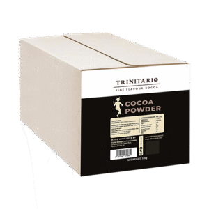 A large rectangular box labelled "Cocoa Powder, 10kg" with product details and a black side label, featuring single-origin fine flavour cocoa powder made from premium Trinitario chocolate beans. | Trinitario