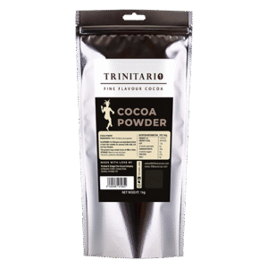 A silver and black resealable pouch labelled "Cocoa Powder, 1kg" with nutritional information and product details on the front. Ideal for handcrafted chocolate enthusiasts. Net weight: 1kg. | Trinitario