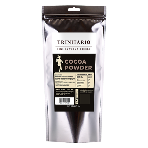 A silver and black resealable pouch labelled "Cocoa Powder, 1kg" with nutritional information and product details on the front. Ideal for handcrafted chocolate enthusiasts. Net weight: 1kg. | Trinitario