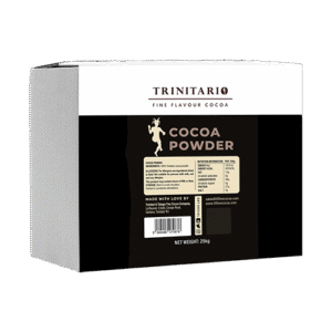 A box labelled “Cocoa Powder, 25kg,” made from premium Caribbean cocoa, with product details and a weight of 25kg displayed on the front. | Trinitario