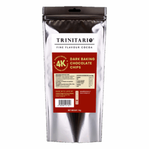 A silver bag labelled "Dark Baking Chocolate Chips (4k), 1kg" displays detailed nutritional info and product description on the front, emphasising the fine flavour cocoa used in this handcrafted chocolate. | Trinitario