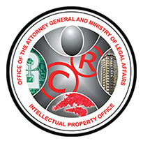 Logo of the Intellectual Property Office, Office of the Attorney General and Ministry of Legal Affairs, featuring copyright symbols, circuit design, a building, and map—emblematic as a seal on hand-crafted chocolate packaging—inside a circular border. | Trinitario