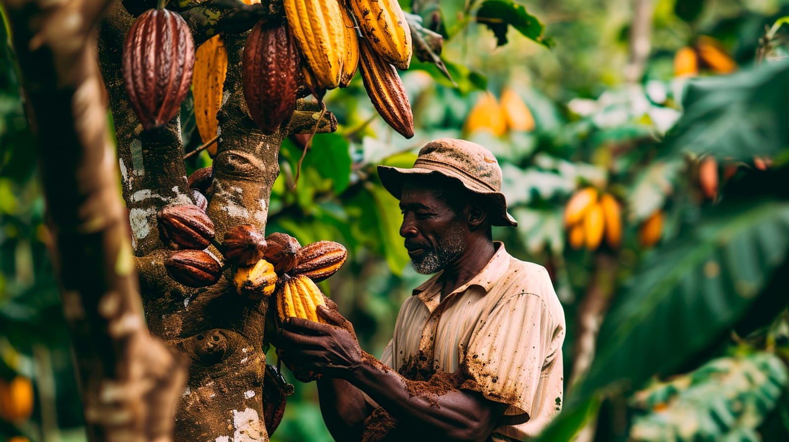 A man wearing a hat harvests ripe cacao pods from a tree in a lush plantation, preparing Caribbean cocoa for exquisite single-origin chocolate. | Trinitario