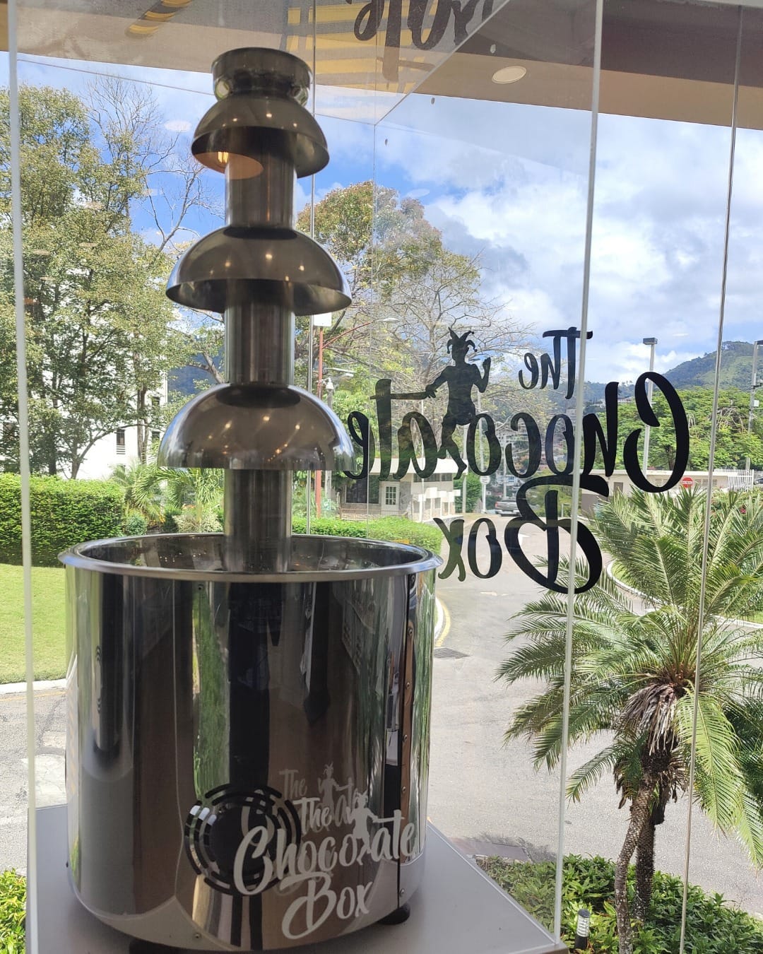 A stainless steel chocolate fountain featuring fine flavour cocoa stands by a window with "The Chocolate Box" signage, overlooking a street, palm trees, and a hilly landscape outside. | Trinitario